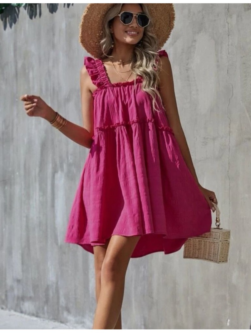 Hot Pink Ruffle Strap Flowy Dress